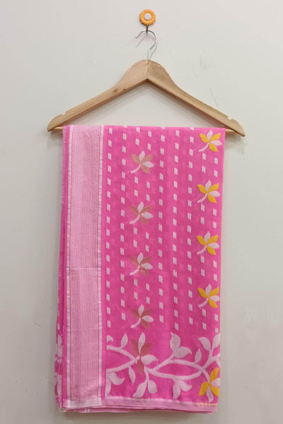 Handwoven silk cotton saree in pink and without blouse