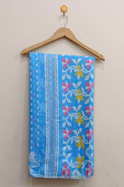 Handwoven silk cotton saree in sky blue and without blouse