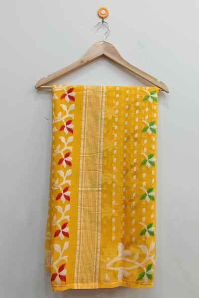 Handwoven silk cotton saree in yellow and without blouse