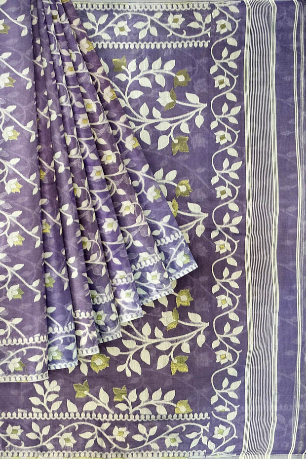Handloom silk cotton saree in lavender in floral jamdani