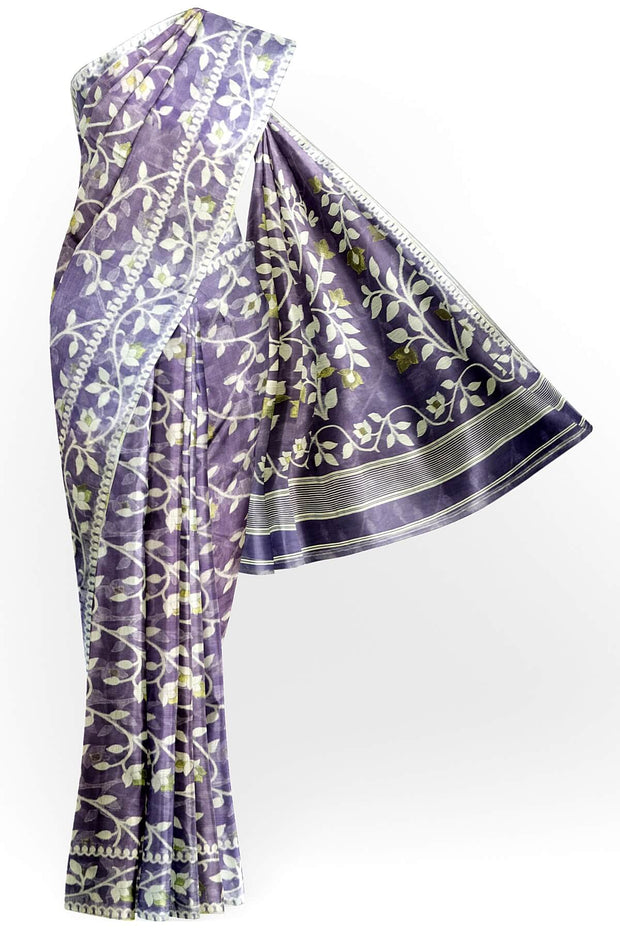 Handloom silk cotton saree in lavender in floral jamdani