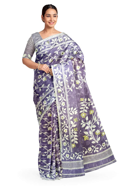 Handloom silk cotton saree in lavender in floral jamdani