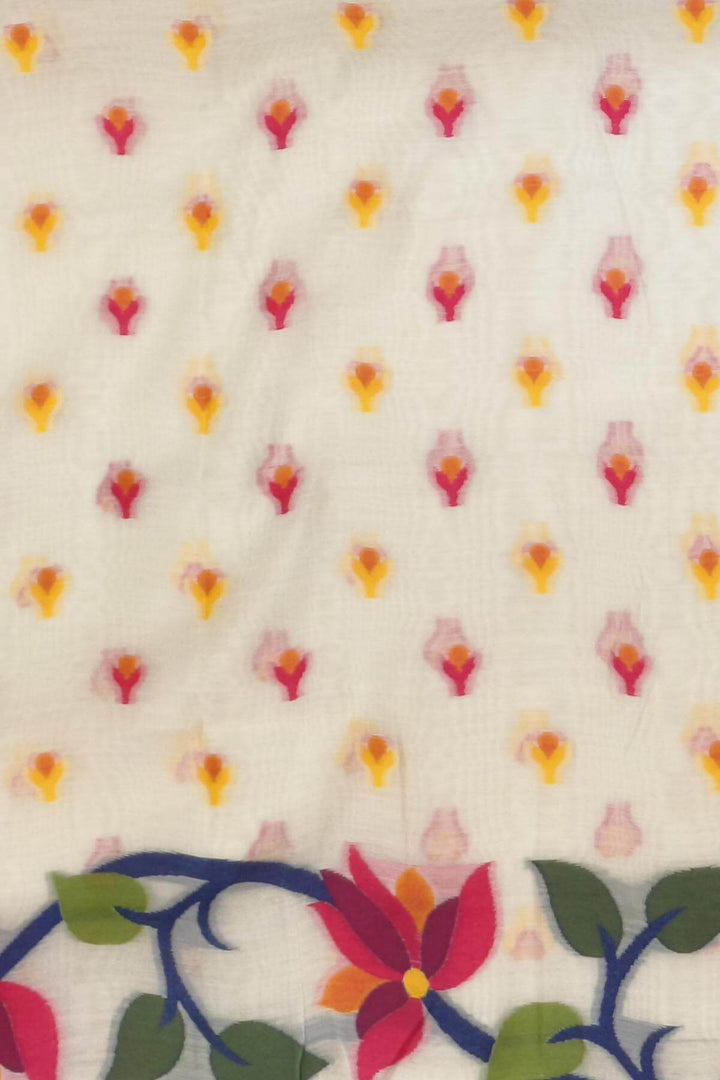 silk cotton saree in  white in  lotus vines