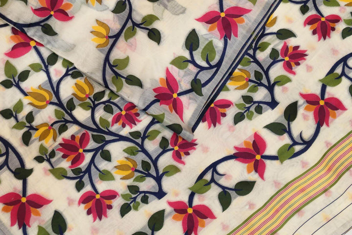 silk cotton saree in  white in  lotus vines