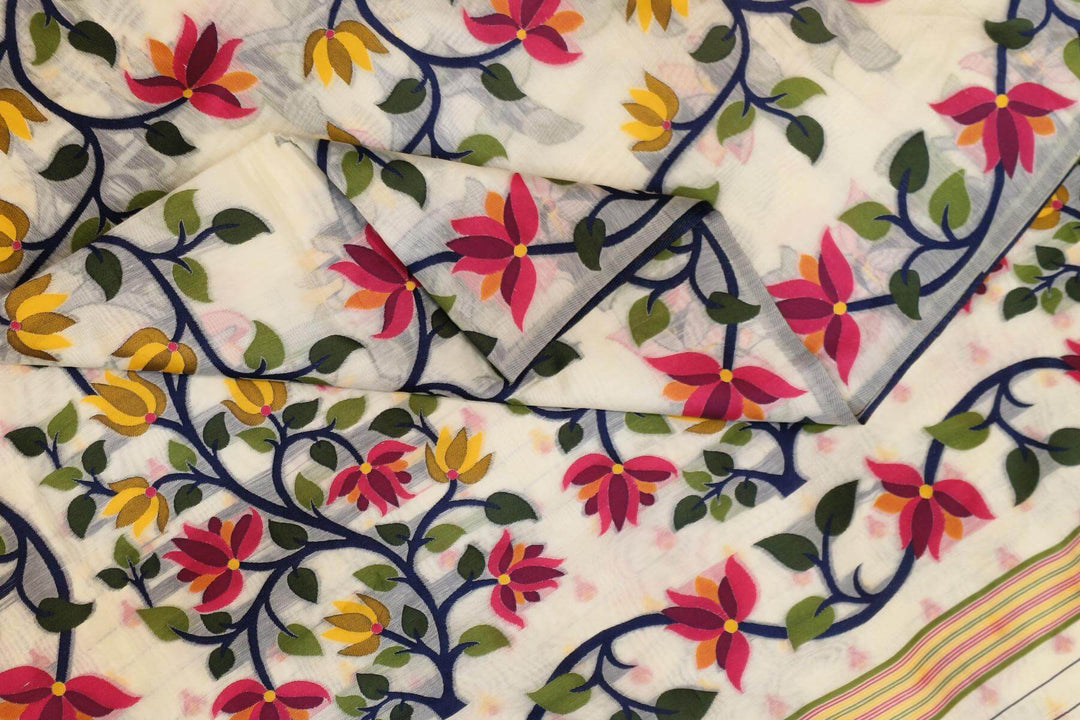 silk cotton saree in  white in  lotus vines