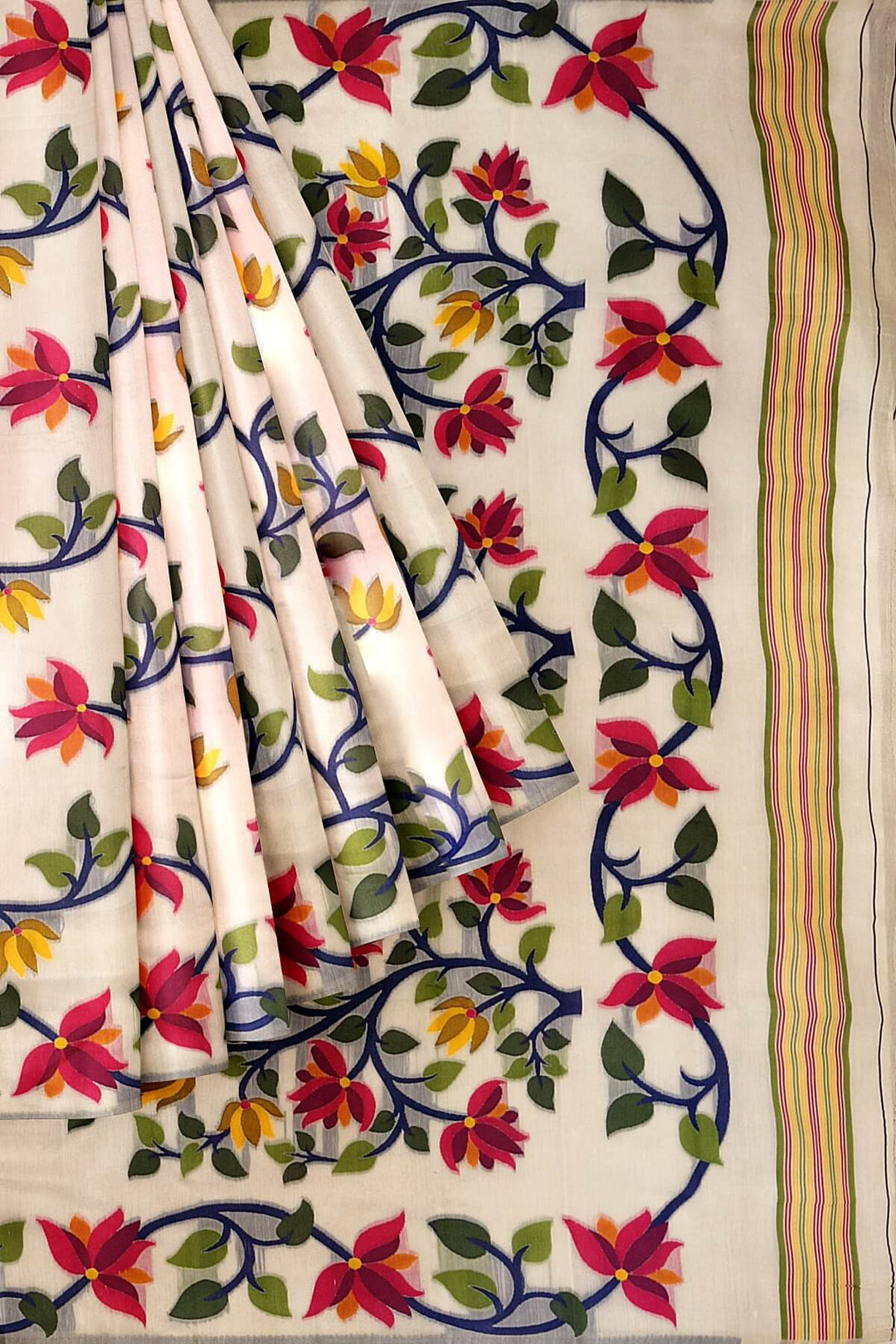 silk cotton saree in  white in  lotus vines