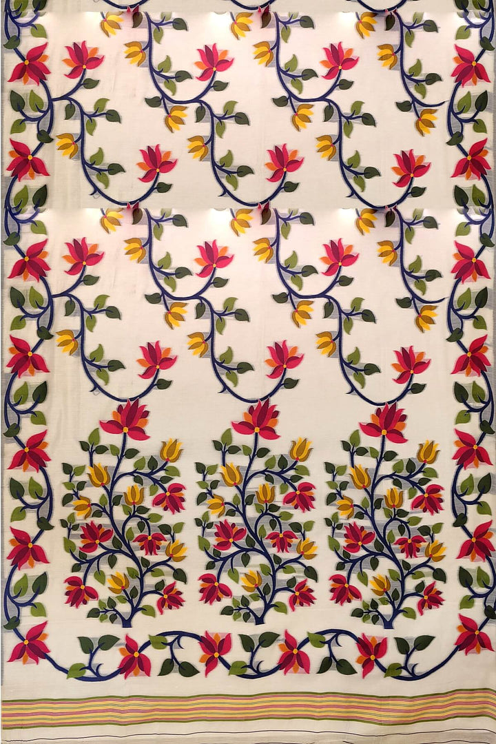 silk cotton saree in  white in  lotus vines