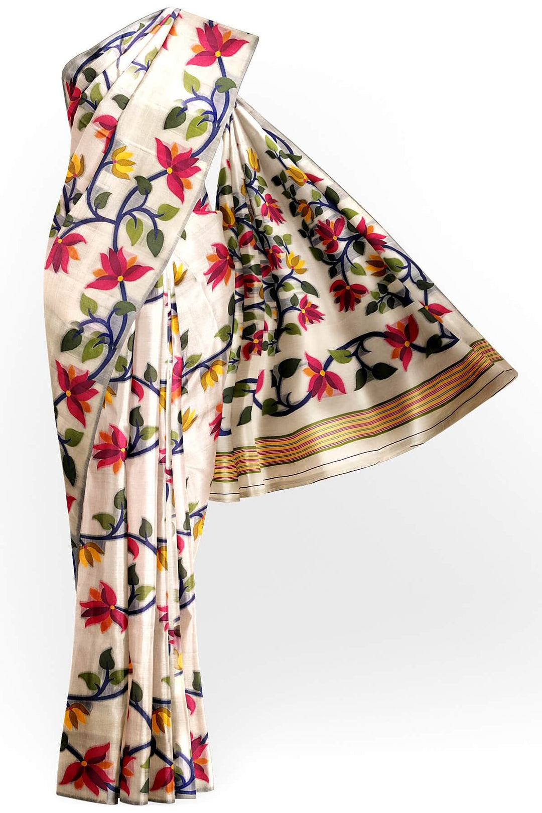 silk cotton saree in  white in  lotus vines