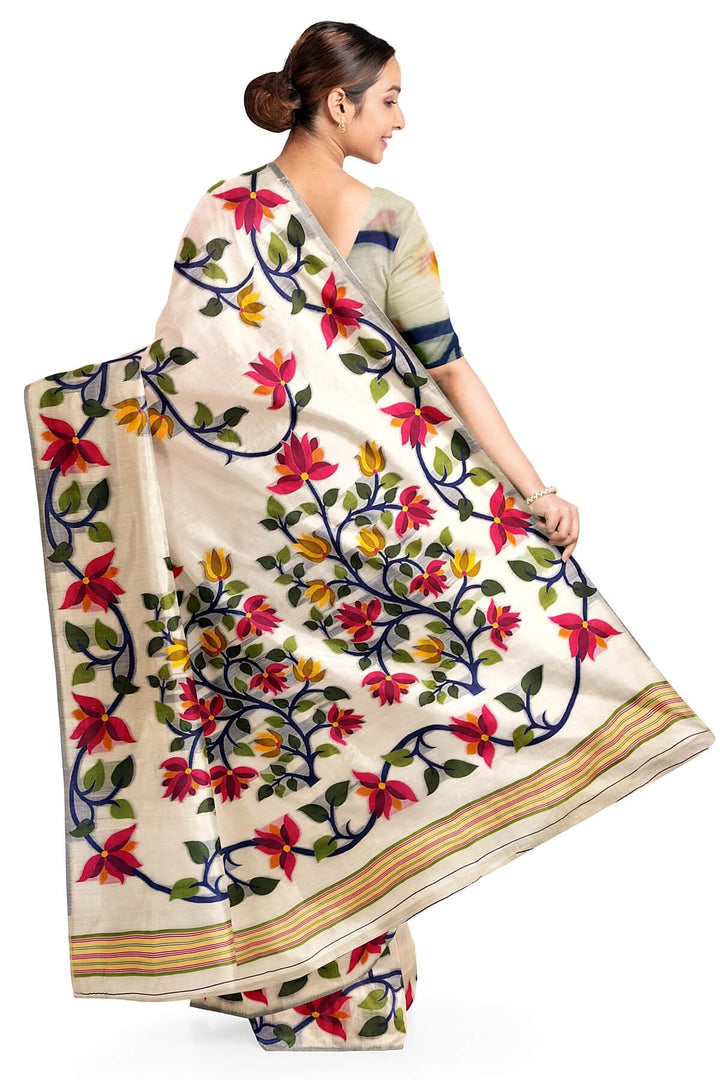 silk cotton saree in  white in  lotus vines