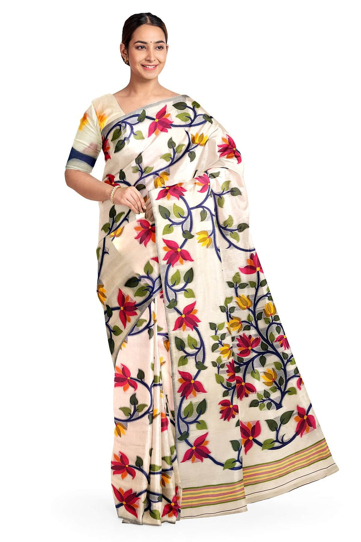 silk cotton saree in  white in  lotus vines