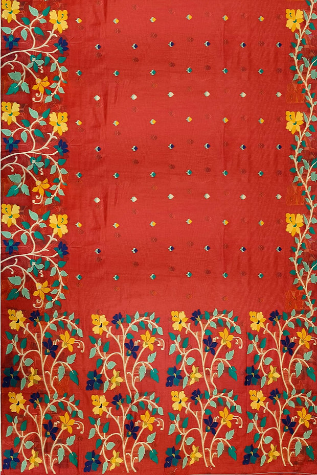 Handloom cotton silk saree in red  with multicolour floral jamdani weave