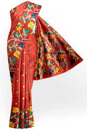 Handloom cotton silk saree in red  with multicolour floral jamdani weave