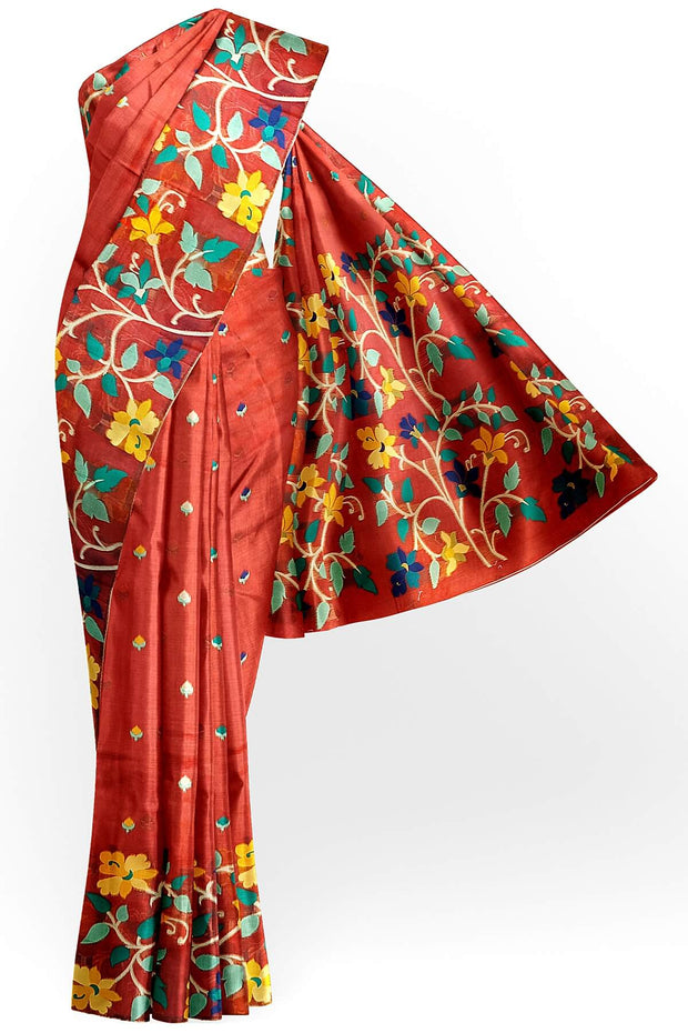 Handloom cotton silk saree in red  with multicolour floral jamdani weave