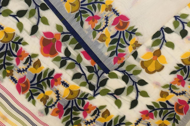 Handloom silk cotton saree in  white with small motifs on the body
