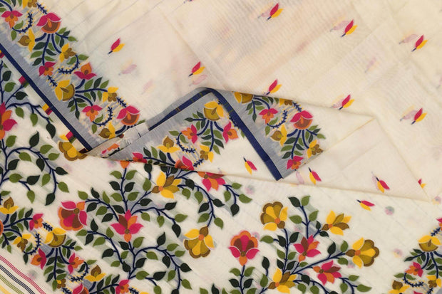Handloom silk cotton saree in  white with small motifs on the body