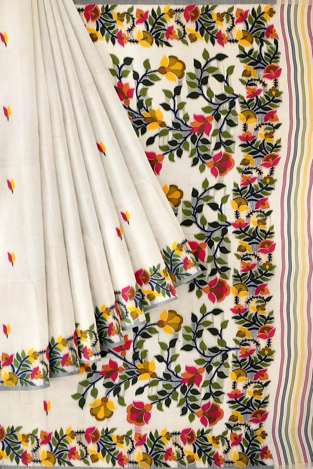 Handloom silk cotton saree in  white with small motifs on the body