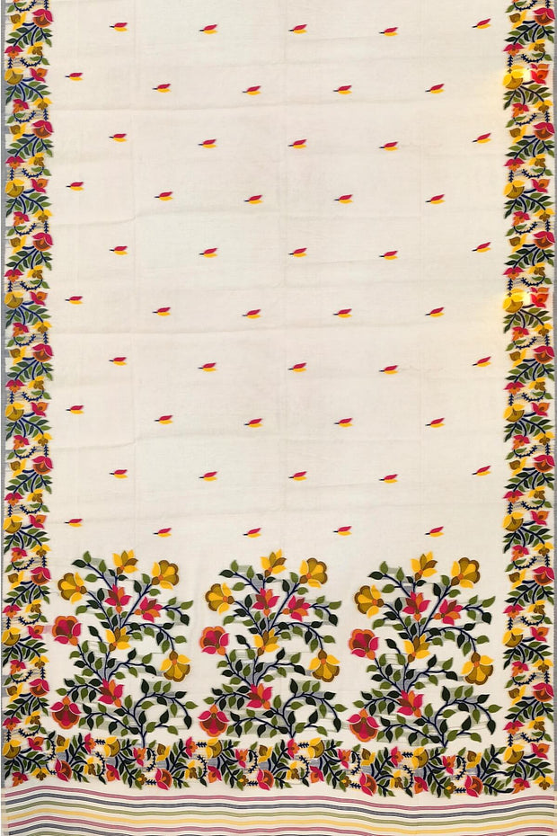 Handloom silk cotton saree in  white with small motifs on the body