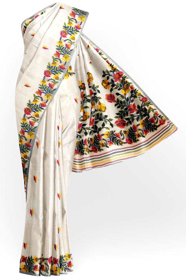 Handloom silk cotton saree in  white with small motifs on the body