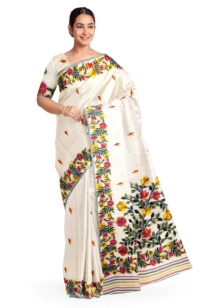 silk cotton saree in  white with small motifs