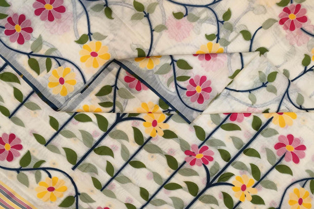 Handloom silk cotton saree in  white with all over  multicolour floral vines in  jamdani weave