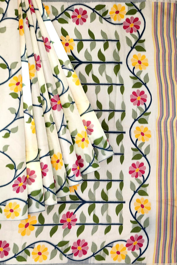 Handloom silk cotton saree in  white with all over  multicolour floral vines in  jamdani weave