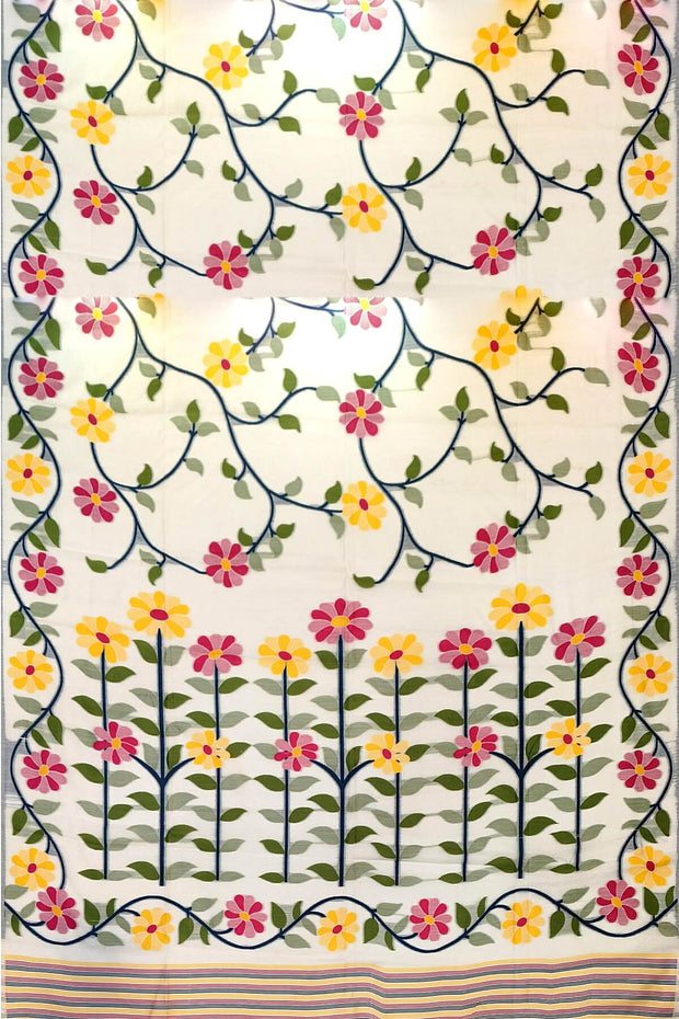 Handloom silk cotton saree in  white with all over  multicolour floral vines in  jamdani weave