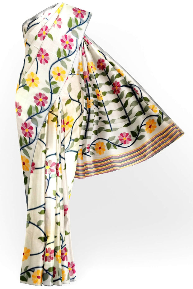 Handloom silk cotton saree in  white with all over  multicolour floral vines in  jamdani weave
