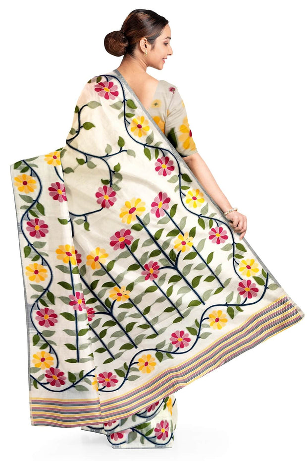 Handloom silk cotton saree in  white with all over  multicolour floral vines in  jamdani weave