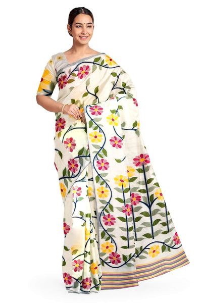 Handloom silk cotton saree in  white with all over  multicolour floral vines in  jamdani weave