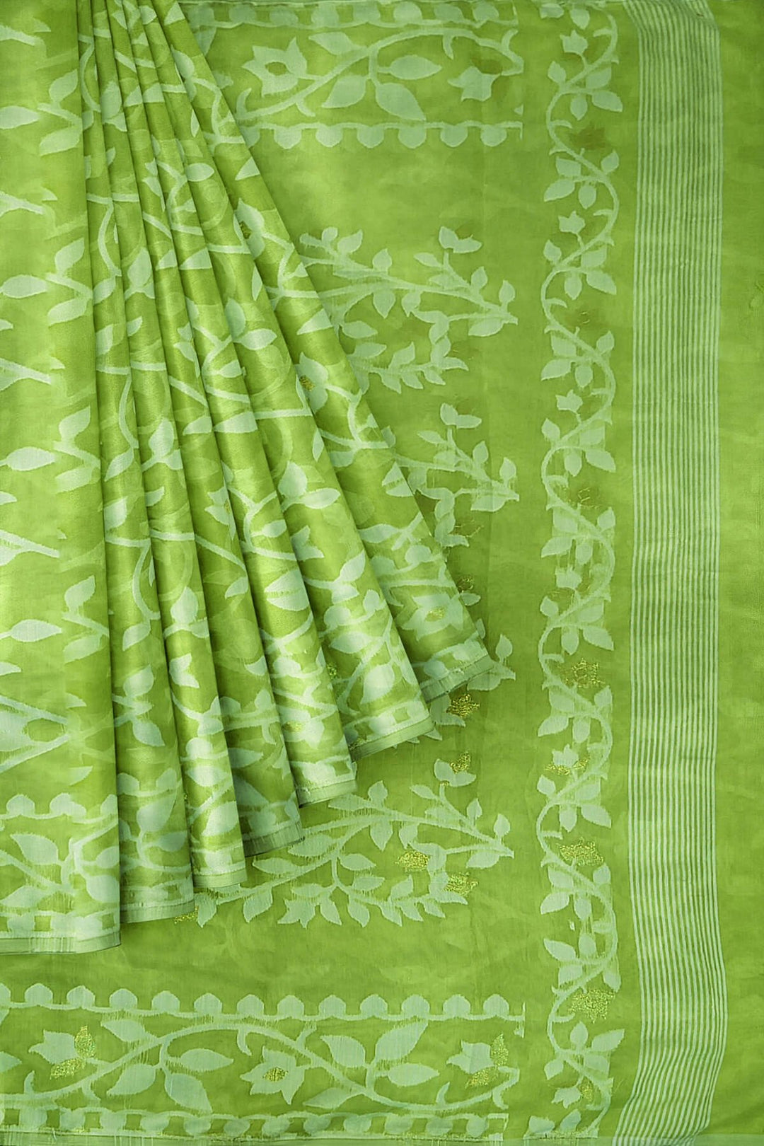 Handloom silk cotton saree in pista green in floral jamdani weave