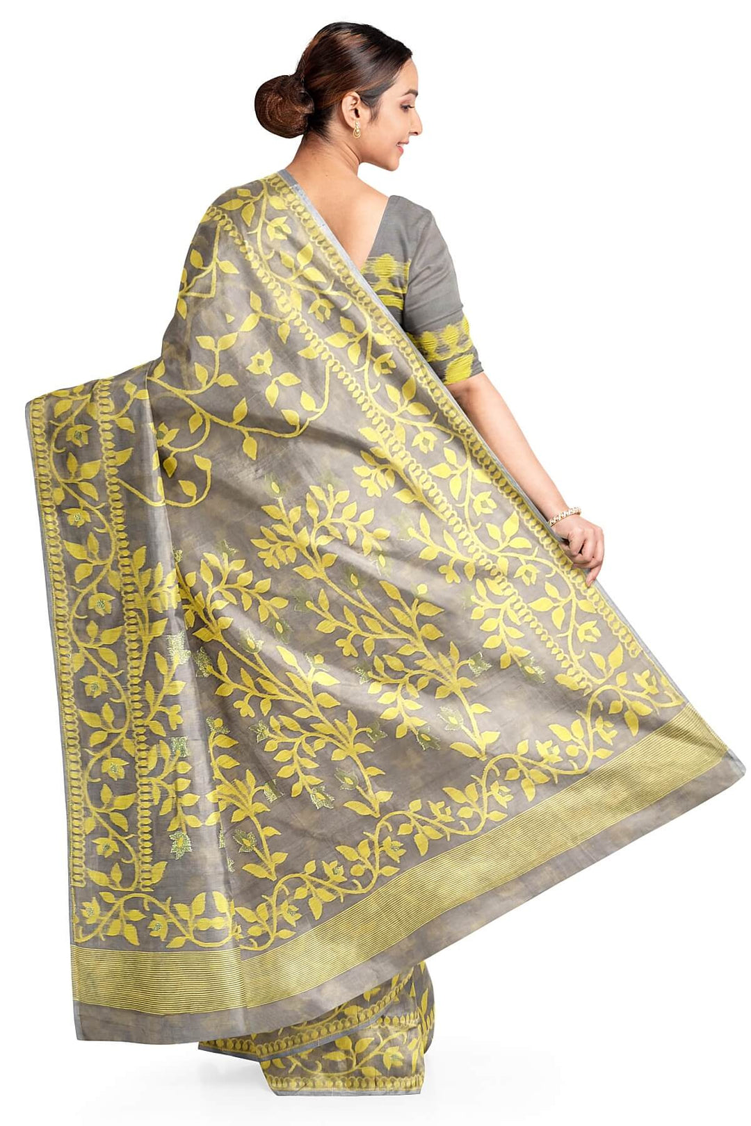 Handloom silk cotton saree in grey in floral jamdani weave