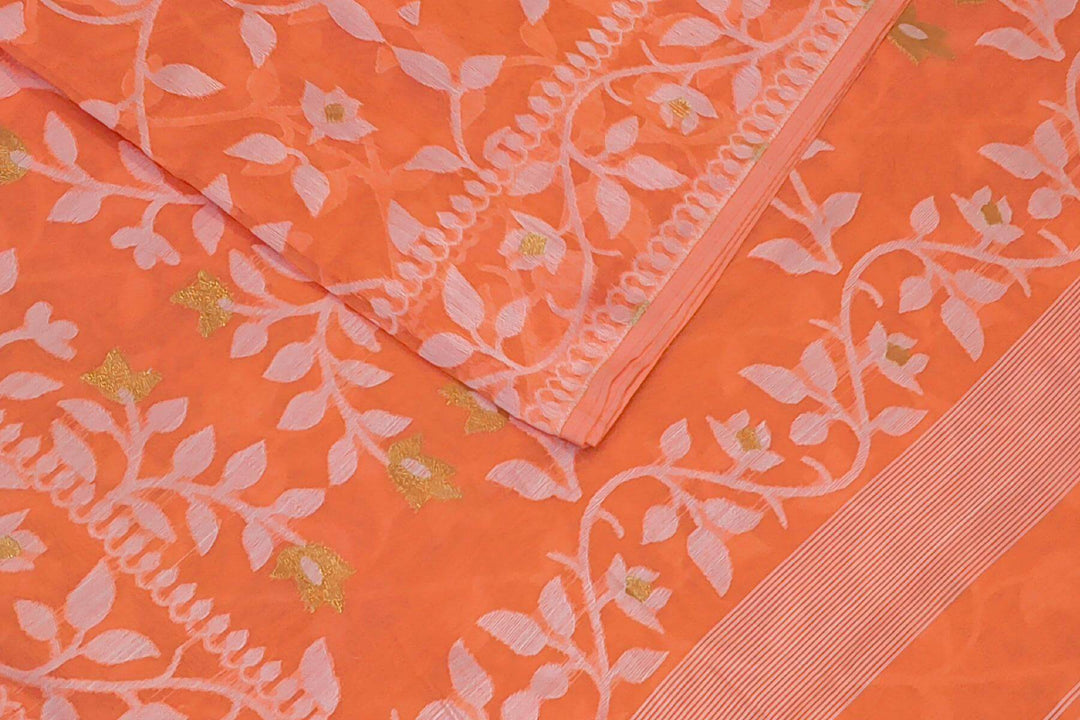 Handloom silk cotton saree in orange in floral jamdani weave