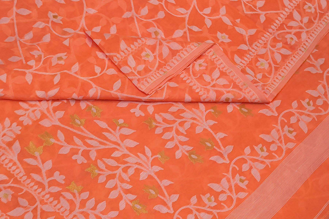 Handloom silk cotton saree in orange in floral jamdani weave