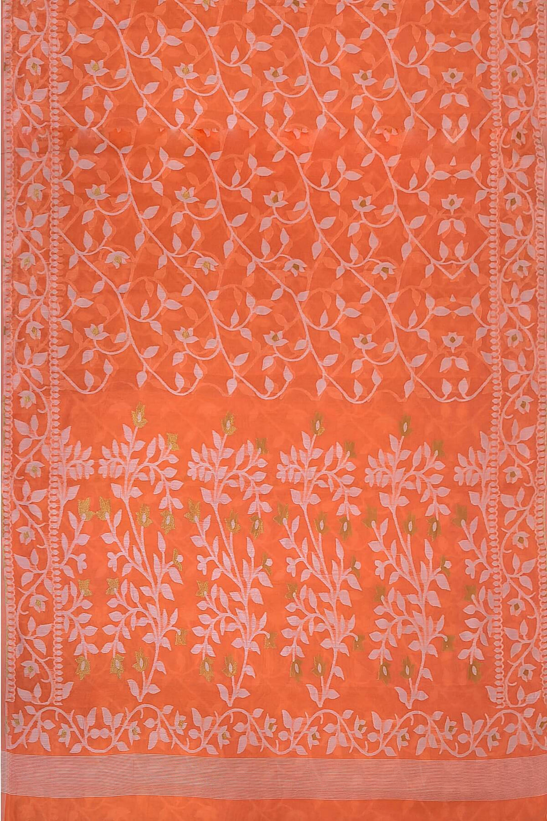 Handloom silk cotton saree in orange in floral jamdani weave