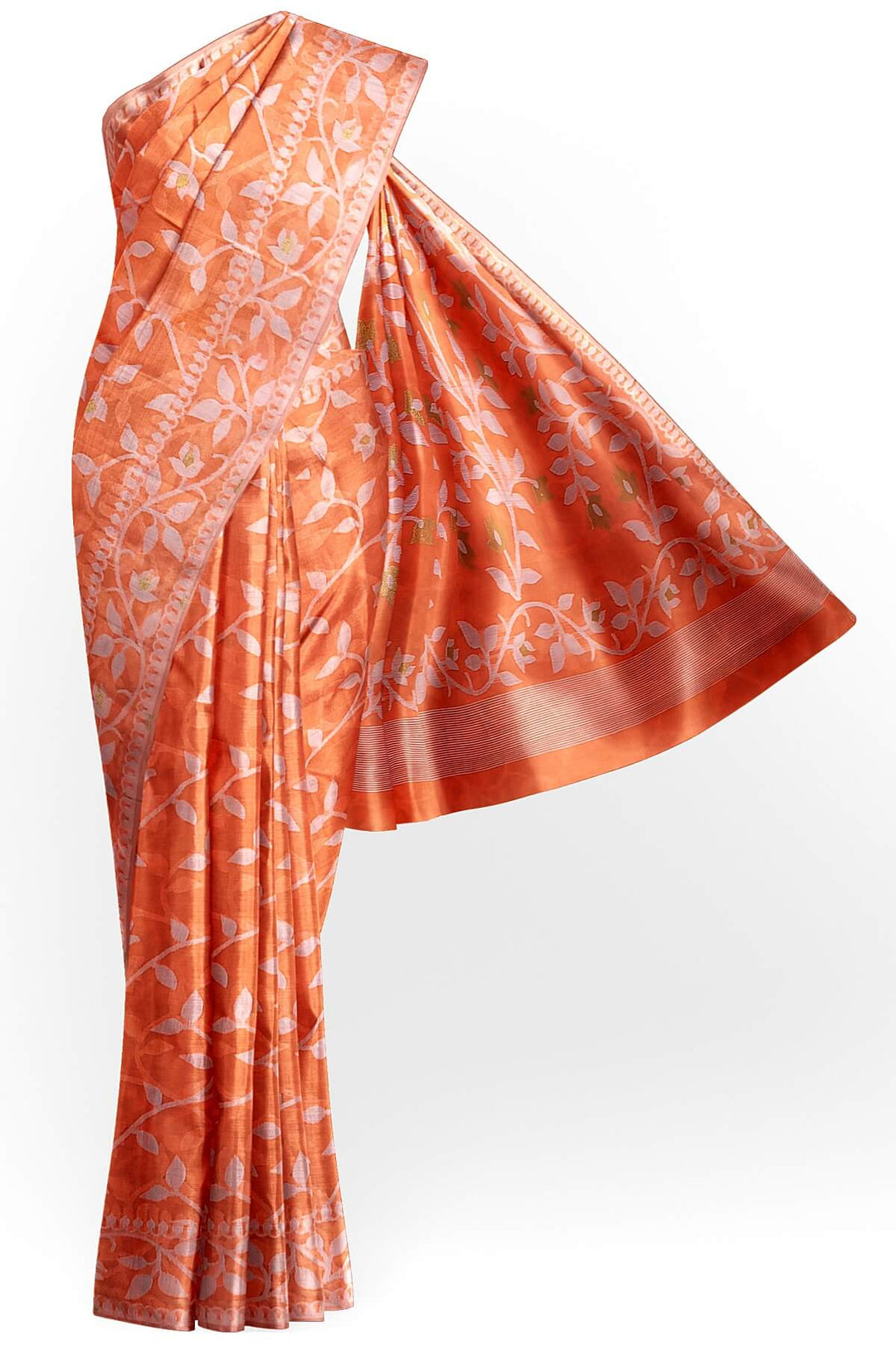 Handloom silk cotton saree in orange in floral jamdani weave