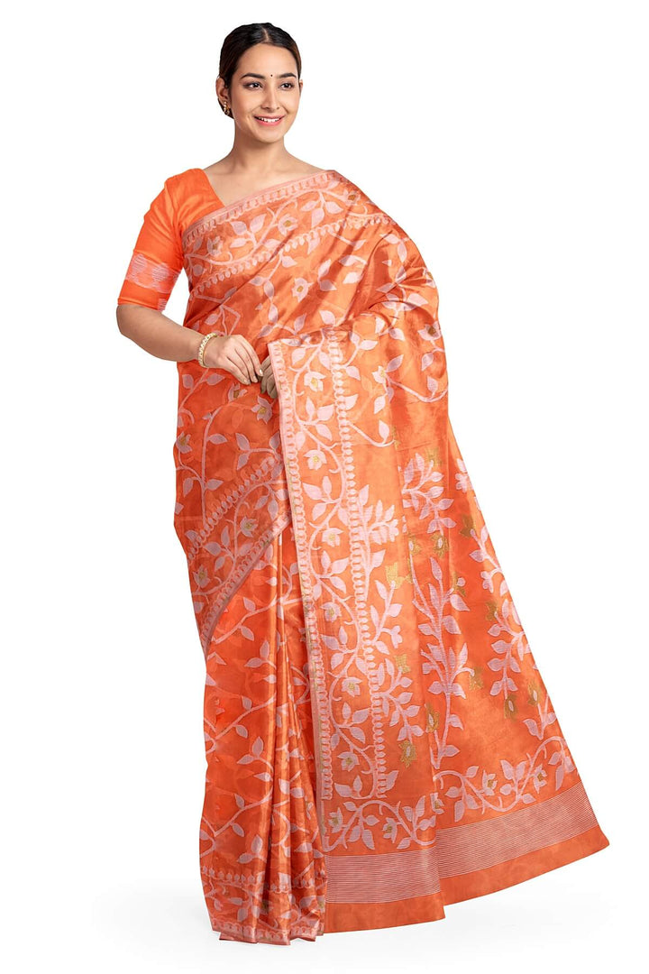 Handloom silk cotton saree in orange in floral jamdani weave