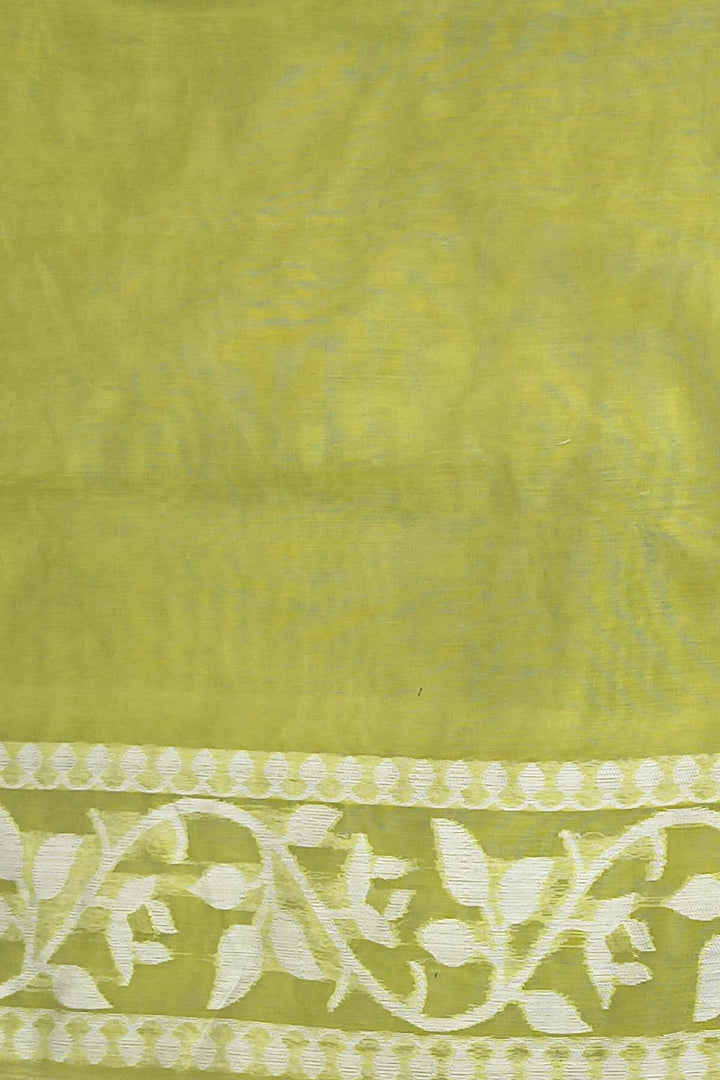Handloom silk cotton saree in olive green in floral jamdani weave