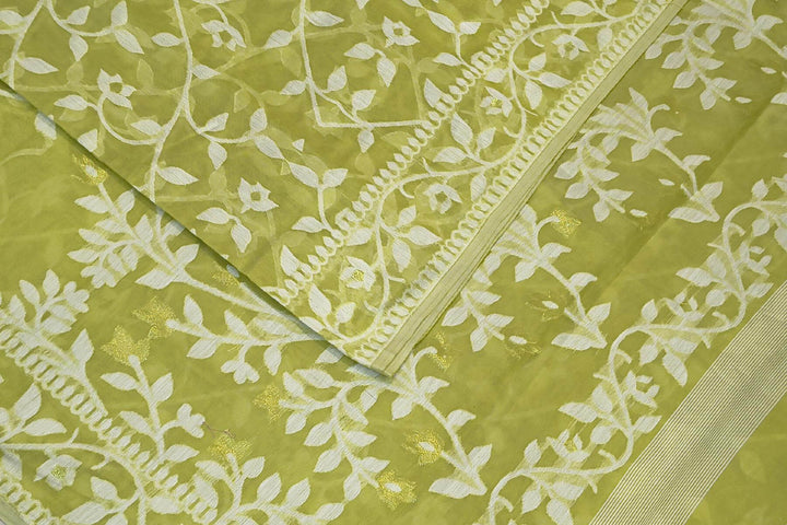 Handloom silk cotton saree in olive green in floral jamdani weave