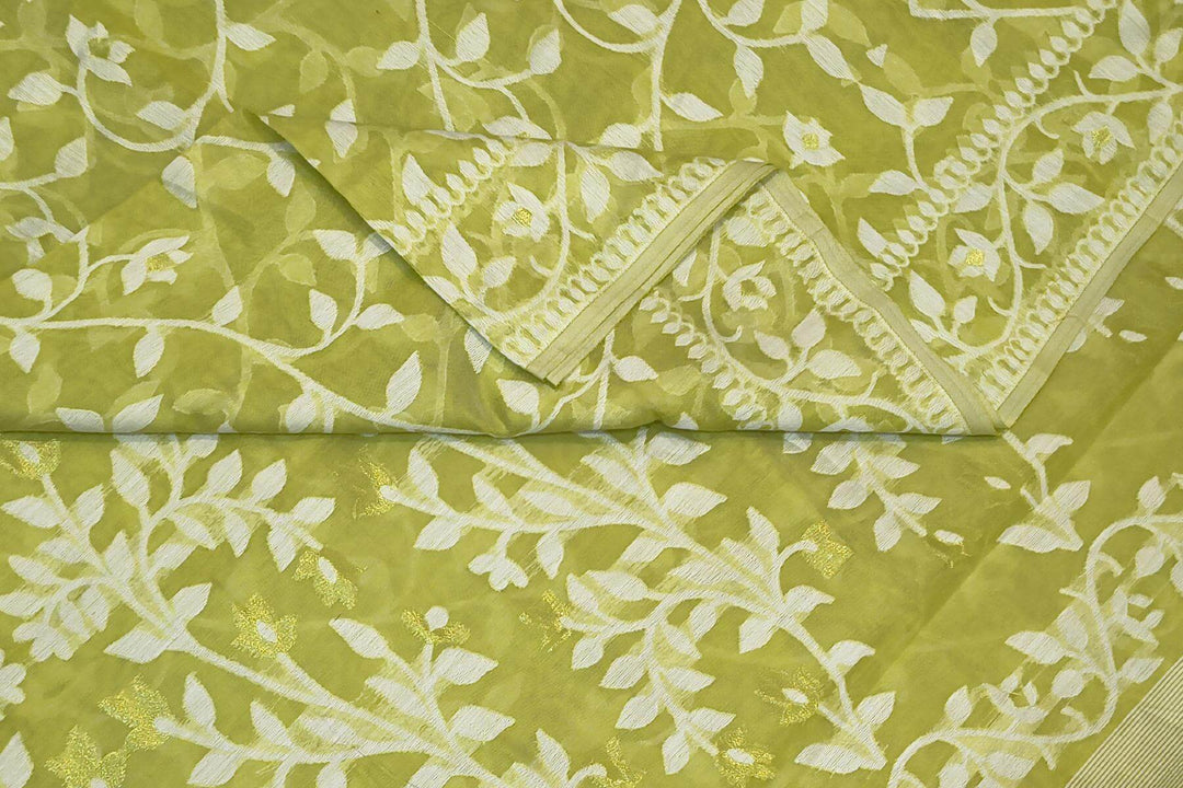 Handloom silk cotton saree in olive green in floral jamdani weave