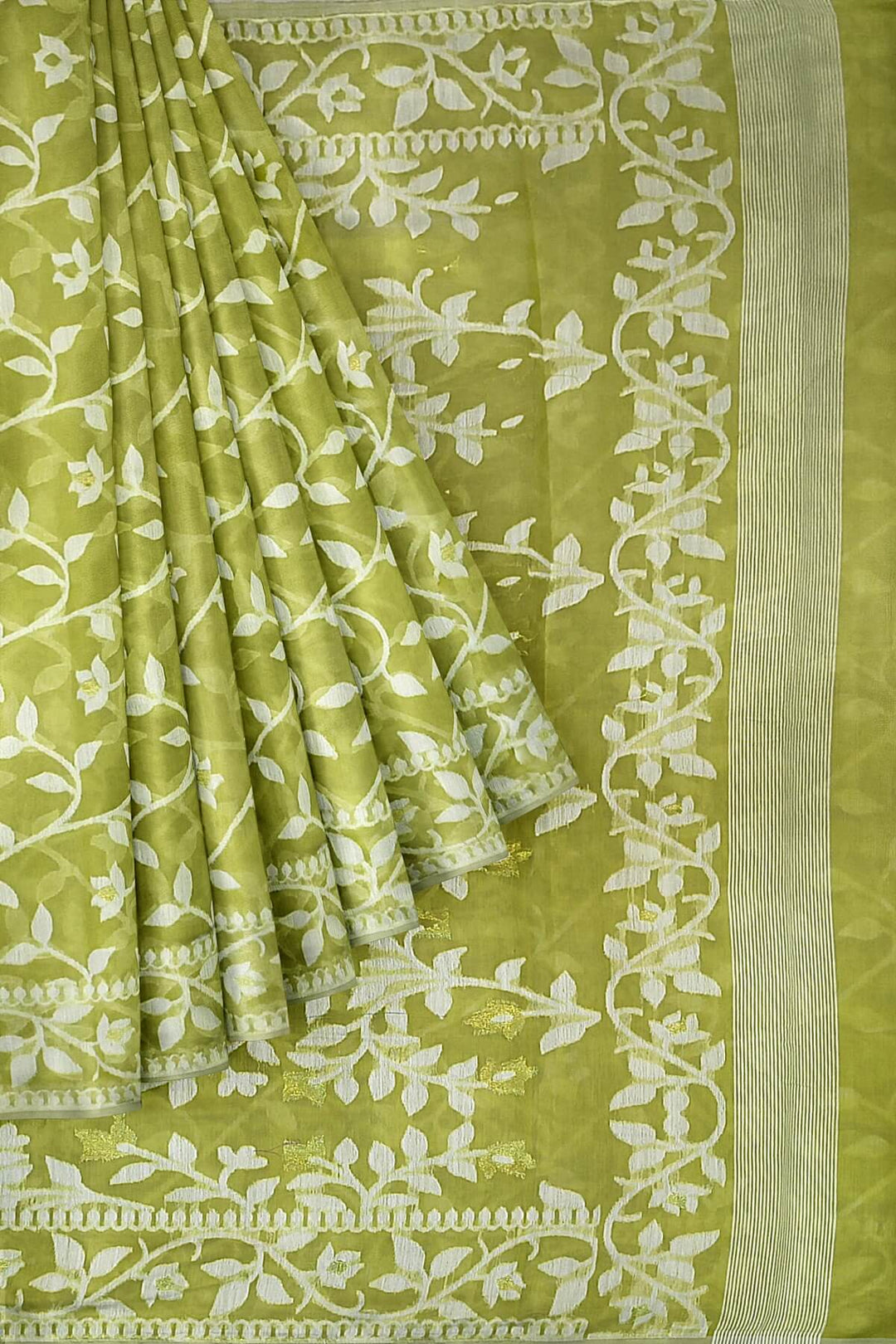 Handloom silk cotton saree in olive green in floral jamdani weave