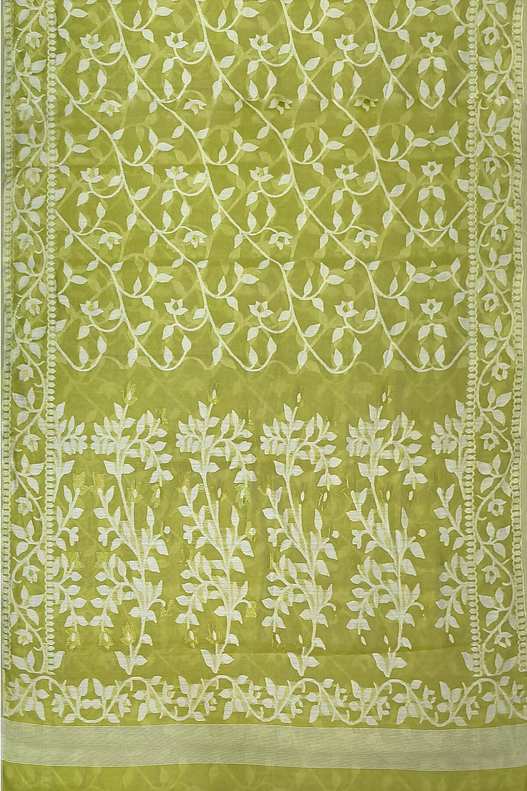 Handloom silk cotton saree in olive green in floral jamdani weave