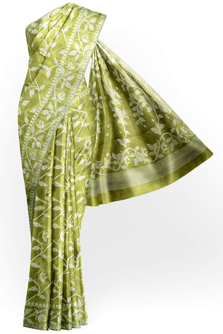 Handloom silk cotton saree in olive green in floral jamdani weave