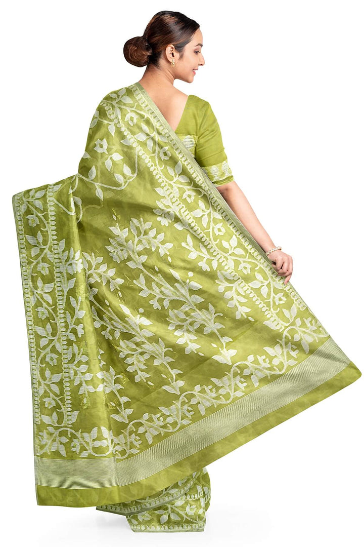 Handloom silk cotton saree in olive green in floral jamdani weave