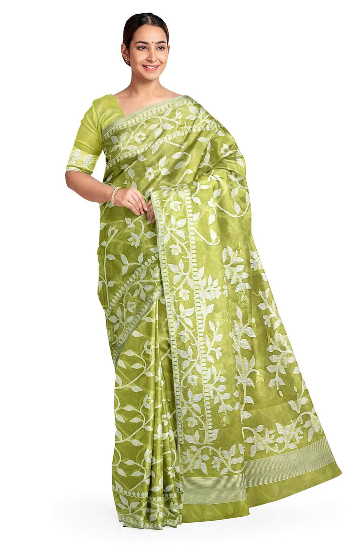 Handloom silk cotton saree in olive green in floral jamdani weave