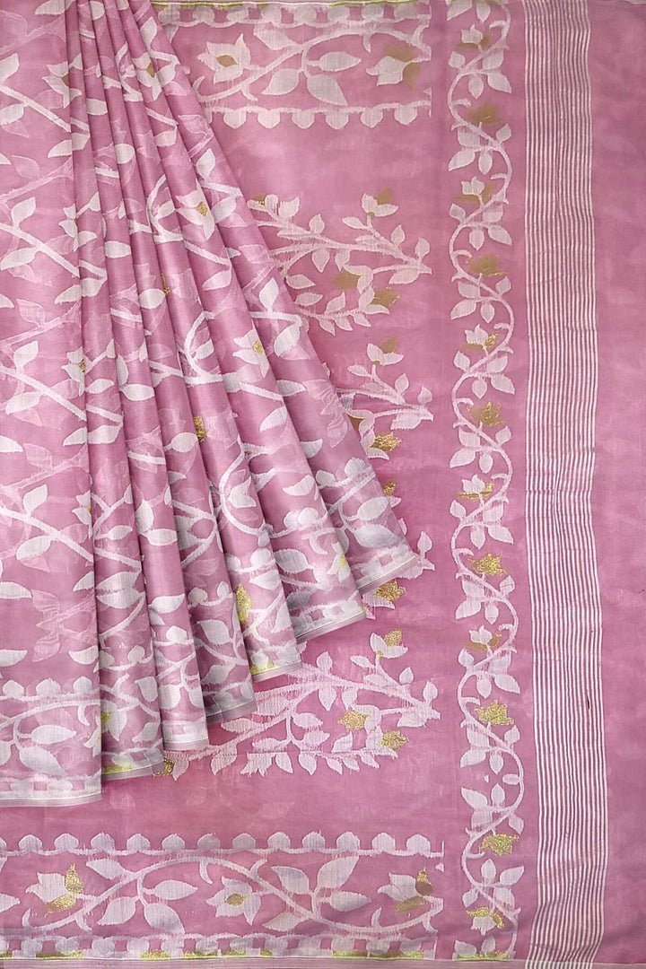 Handloom silk cotton saree in baby pink in floral jamdani weave