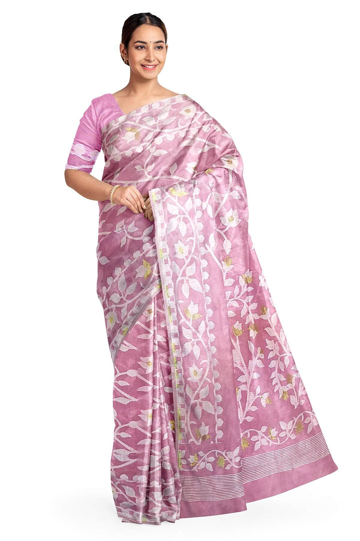 Handloom silk cotton saree in baby pink in floral jamdani weave