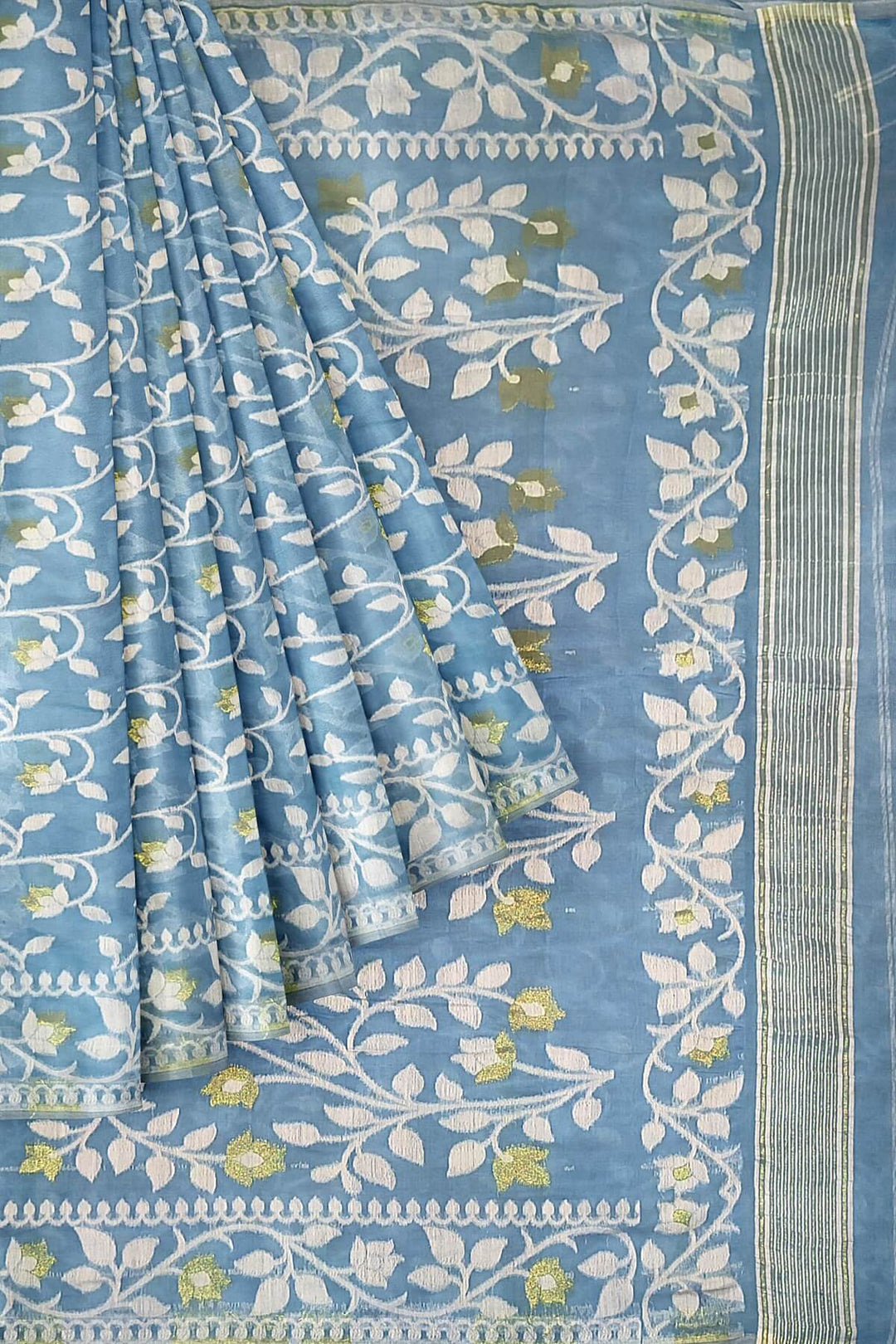 Handloom silk cotton saree in sky blue in floral jamdani weave