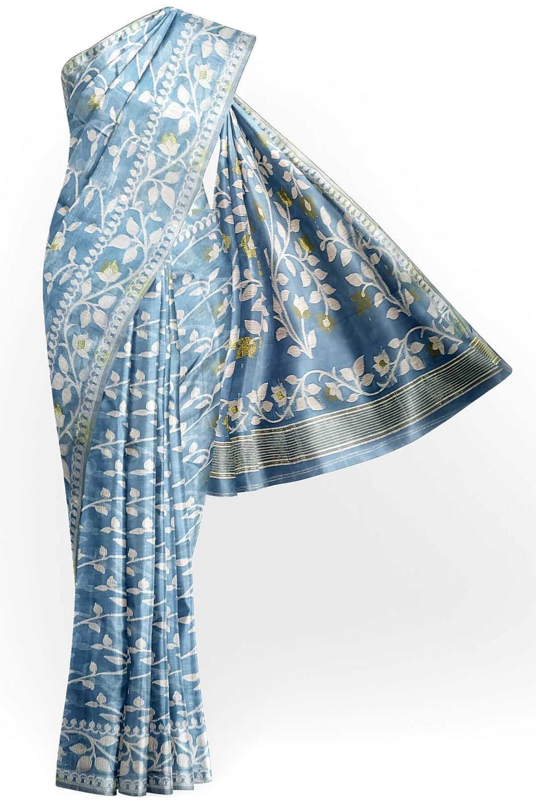 Handloom silk cotton saree in sky blue in floral jamdani weave