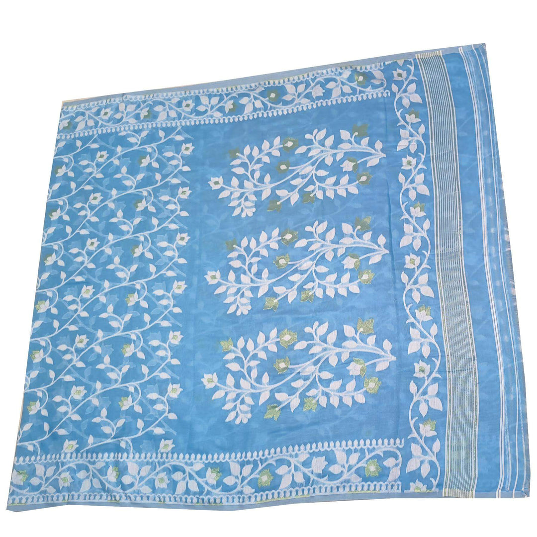 Handloom silk cotton saree in blue in floral jamdani weave
