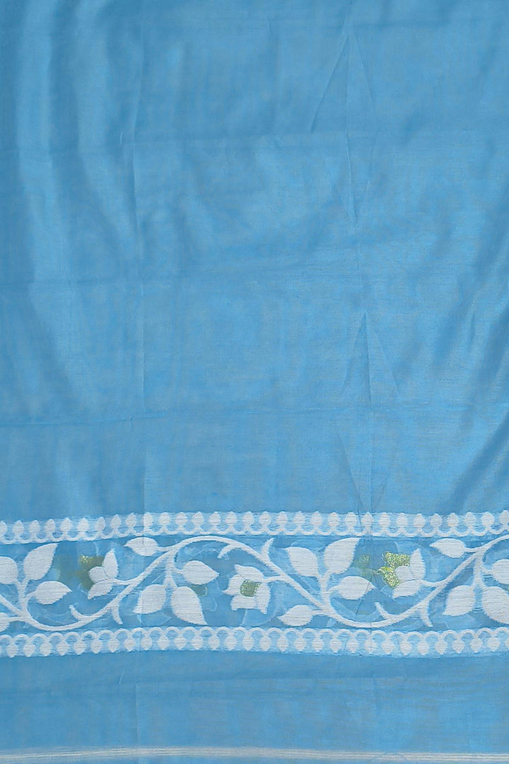 Handloom silk cotton saree in blue in floral jamdani weave